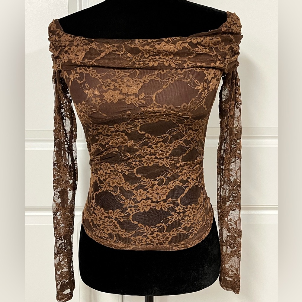 Shein Brown Lace Off The Shoulder Crop Top